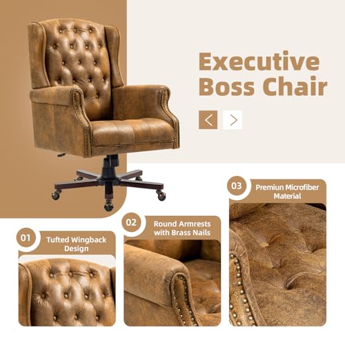 Upgraded 2026 Executive Desk Chair, Recliner Chair, Bomber Brown | Faux Leather Wingback Home Office Chair with Nail Head Trim & Tufted Back, Big and Tall Office Chair for Home and Living Room - color: Bomber Brown, style: Modern