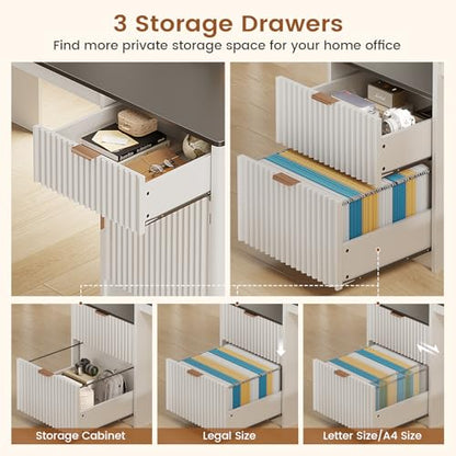 SEDETA 66" Modern L Shaped Desk with Drawers, Fluted Home Office Desk with File Cabinet and Printer Shelf, Wood Executive Desk with Monitor Stand, Led Lights, Power Outlets, White - color: White, size: L Shaped Desk