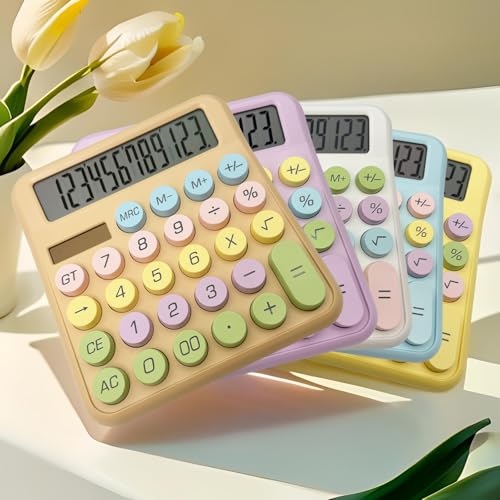 Cute Desktop Calculator, 12 Digits Large Calculator with Clear LCD Display and Large Button, Solar/Battery Powered, Basic Calculator for Business, Office, Home, School, Class (Khaki)