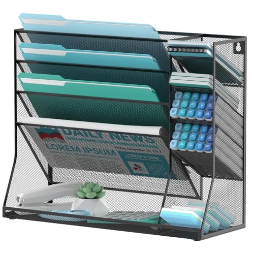 5-Tier Wall File Organizer and Wall File Holder with Bottom Tray, Black | Wall Organizer with 5 Vertical Pockets and R-Shaped Tray for Wall Mount or Desktop Storage of Files, Mail and Magazines - color: Black