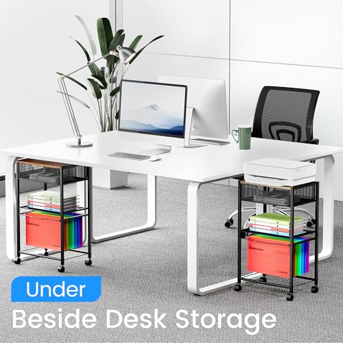 Cawukege 3 Tier Printer Stand, Small Mobile Table with Wheels, Printer Shelf Rolling Cart with Storage Desk Organizer Hanging File for Office Home, Brown - color: Brown