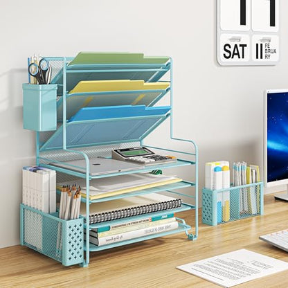 Simple Trending 7 Tier Desk File Organizer, Letter Tray Paper Organizer with Pen Holder and Metal Hanging Basket, Blue - color: Pen Holder Blue