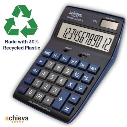 Achieva 12-Digit LCD Display Desktop Calculator | Blue | Mark Up Key, Selectable Decimal & Rounding Switches | Dual Solar/Battery Power | for Home, Office, School (990) - color: Blue