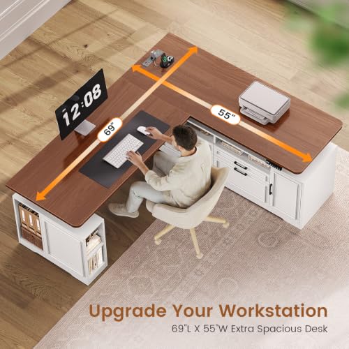SEDETA Farmhouse L Shaped Executive Electric Standing Desk with 4 Drawers | 69" x 55" Height Adjustable Office Computer Desk with Storage Shelves, Power Outlet for Home Office, White - color: White and Brown