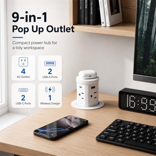 2.4" Pop Up Countertop Outlet, 30W USB-C & Wireless Charger | Fits 2.4 in (60mm) grommet holes, 4 AC outlets, 2 USB-C 30W, 2 USB-A 18W, 15W wireless charging and 1.5m cord, White - color: White