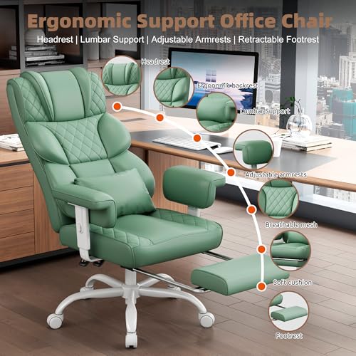 Vonesse Office Chair, Desk Chair with Soft Adjustable Armrests, Ergonomic High Back Gaming Chair with Lumbar Support, Executive Computer Chairs with Footrest (PU Leather, Green) - color: Green