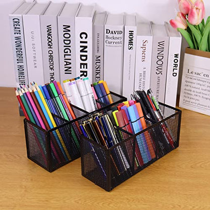 2PCS Black Mesh Pen Pencil Holder, Small Metal Desk Organizer Desktop Stationery Office Supplies Acessories Storage Stand, 3 Compartments Brushes Holder for Home School Classroom Teachers - size: 2pcs 3 Grids