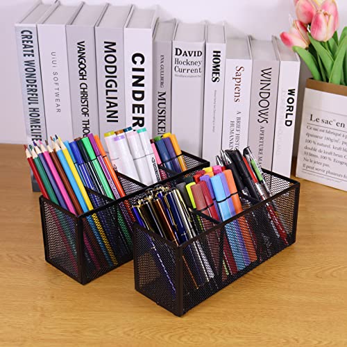 2PCS Black Mesh Pen Pencil Holder, Metal Desk Organizer Desktop Stationery Office Supplies Acessories Storage Stand, 4 Compartments Brushes Holder for Home School Classroom Teachers - size: 2pcs 4 Grids