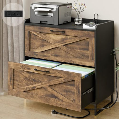 Vabches 2 Drawer Lateral File Cabinet with Charging Station, Brown & Black - color: Rustic Brown