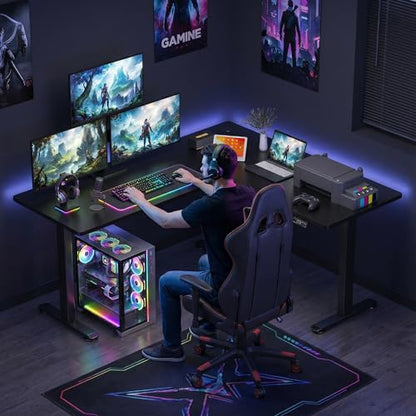 63x55 L Standing Adjustable Desk with 39x18 Mouse Pad, Black | Adjustable Height L Shaped Home Office Gaming Writing Studying Computer Workstation with Hooks - color: Black, size: 63x55in