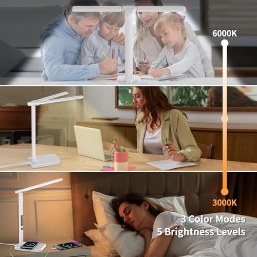 LED Desk Lamp with Charger, USB Charging Port, Dual Swing Arm Desk Light with 5 Brightness, 3 Colors, Table Lamp with Clock, Alarm, Date, Temperature, Desk Lamp for Home Office Study (White) - color: Dual-Head White