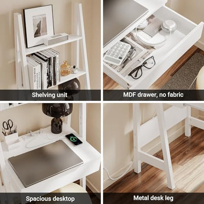 Haotian Ladder Desk with Power Outlet | Narrow Bookshelf Desk with Drawer and Shelves, Compact Secretary Desk for Small Spaces, Bedroom, Home, Office - size: Ladder Desk with Power Outlet