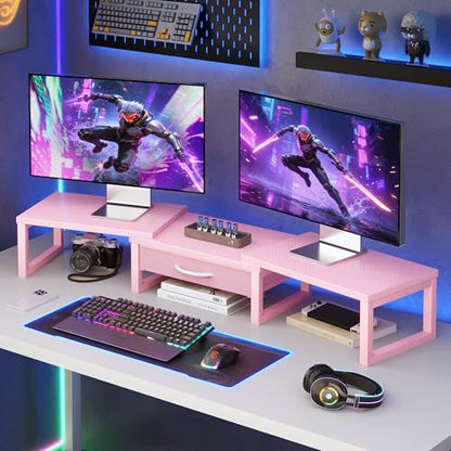 Desk Organizers and Accessories, Dual Monitor Stand Riser with Drawer, Computer Monitor Stand, Adjustable Desk Shelf for PC Laptop Printer TV, Pink