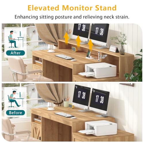 65" Farmhouse Computer Desk with Drawers and Printer Stand for Home Office - color: Oak