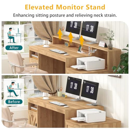 65" Farmhouse Computer Desk with Drawers and Printer Stand for Home Office - color: Oak
