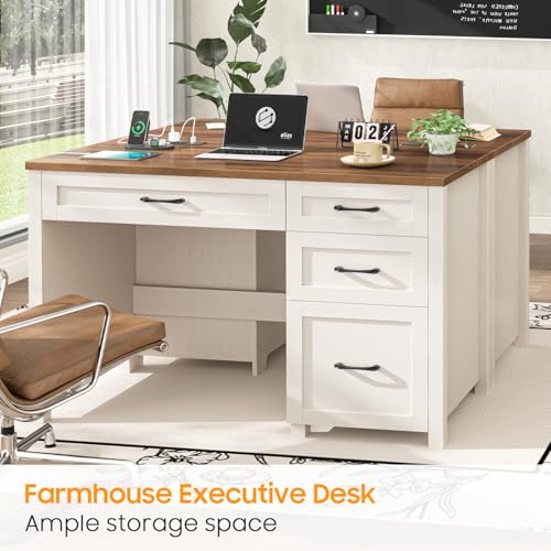 Farmhouse 47" Computer Desk, Executive Desk with File Drawer, Unique White - color: Unique White