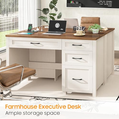 Farmhouse 47" Computer Desk, Executive Desk with File Drawer, Unique White - color: Unique White