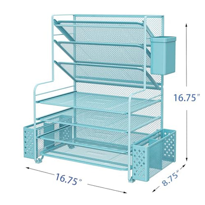 Simple Trending 7 Tier Desk File Organizer, Letter Tray Paper Organizer with Pen Holder and Metal Hanging Basket, Blue - color: Pen Holder Blue