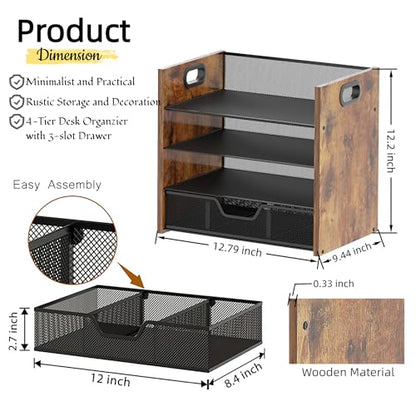 Desk Organizer - 4 Tier Desktop File Organizer with Drawer, Wooden Paper Tray Organizer, Office Desk Accessories Organizer for Papers, Mail, Notebooks, Stationery - size: 4 Tier Drawer