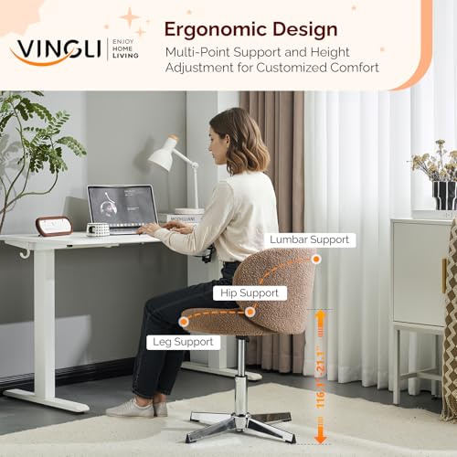 VINGLI Cute Small Swivel Desk Chair Comfy no Wheels,Ergonomic Low-Back Lumbar Support Vanity Nail Tech Computer Task Stool Chair for Home Office,Height Adjustable,Teddy Fleece,Brown - color: Brown-teddy Fleece, style: No wheel