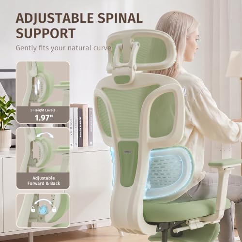 WELAX Ergonomic Office Chair with Lumbar Support, High Back Home Desk Chair with 3D Headrest & 4D Armrests, S3 Pro Ergonomic Mesh Office Chair with Footrest, Gaming & Executive Computer Chairs, Green - color: Cloud Green, size: With 16.5'' Footrest
