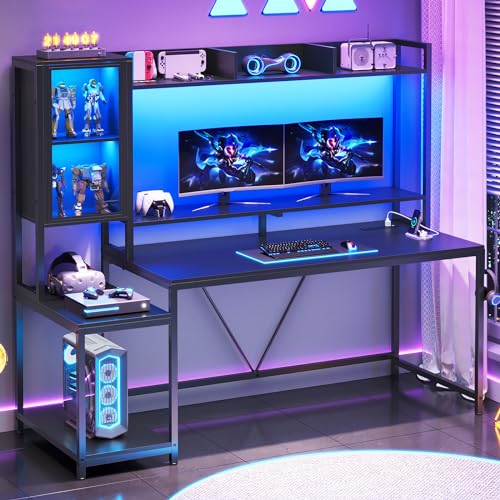 SEDETA 60'' Gaming Desk with Storage, Hutch, Display Cabinet and LED Lights - color: Black