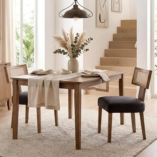 HNY Mid Century Modern Rattan Dining Chairs Set of 2, Farmhouse Linen Upholstered Accent Chair Curved Backrest Kitchen Chairs, with Hardwood Frame, Charcoal - color: Charcoal Rattan