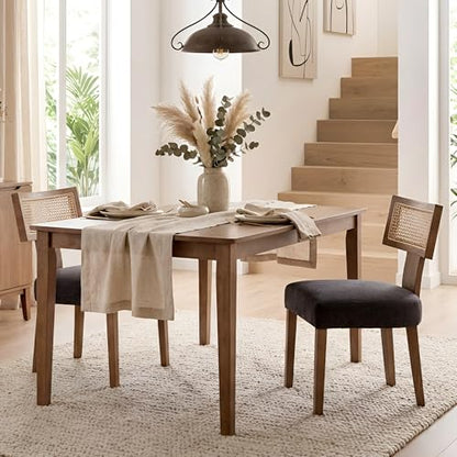 HNY Mid Century Modern Rattan Dining Chairs Set of 2, Farmhouse Linen Upholstered Accent Chair Curved Backrest Kitchen Chairs, with Hardwood Frame, Charcoal - color: Charcoal Rattan