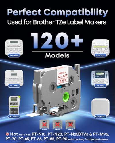 TZe-232 TZ Tape 12mm 0.47 Laminated Red on White P Touch Label Tape | Replace for Brother Label Maker Tape TZe232 for Brother PTH110 PT-D210 D220 H103W 1180 1280 1750 Ptouch Refills, 5-Pack - color: Red on White