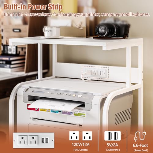 VEDECASA Mobile High Printer Stand with Power Outlet Charging Plugs USB Port Office Storage Shelf Includes Computer Tower CPU Stand Holder with Wheel (White)