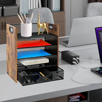 Desk Organizer, 5-Tier Desktop File Organizer with Drawer, Wooden Paper Tray Organizer, Office Desk Organzier and Accessories for Papers, Mail, Notebooks, Stationery - size: 5 Tier Drawer