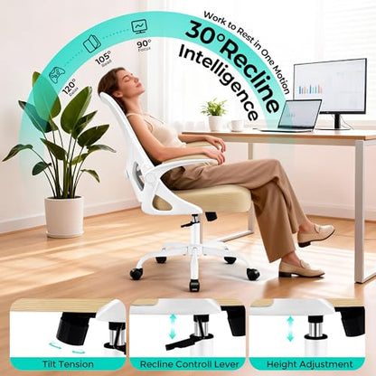 Office Chair - Ergonomic Breathable Mesh Desk Chair with Adjustable Lumbar Support and Flip-up Armrests - Executive High Back Rolling Swivel Comfortable Computer Gaming Chair for Home Office - color: Khaki