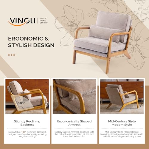 VINGLI Chenille Mid-Century Modern Accent Chair Set of 2, Cute Reading Arm Chair with Cushion & Lumbar Pillow & Solid Wood Frame for Lounge, Living Room, Reading Room, Bedroom, Light Khaki - color: Light Khaki