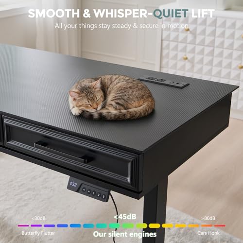 Electric Standing Desk with 3 Storage Drawers, 55x22 Inch Wood Adjustable Height Computer Desk w/One-Piece Desktop, Sit to Stand Up,Power Outlets, Gaming Table for Home Office and Study, Black - color: Black
