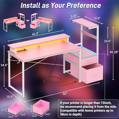 Aheaplus Gaming Desk with LED Strip & Power Outlet, 59Inch Reversible Computer Desk with Monitor Stand & Storage Shelves, Home Office Desks with Fabric File Drawer, Gamer Table PC Desk, Pink - color: Pink