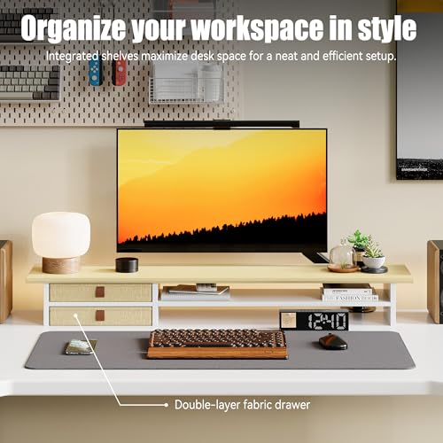 FENSULN Dual‑Tier Monitor Stand Riser with Drawers, Desktop Organizer Shelf Storage for Computer Screen 2 Monitors, Supports for PC Computer Monitor, Printer, Heavy TV Riser Beige and White