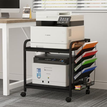 Large Printer Stand with File Holder & Rolling Wheels, Black - color: Black, size: Large