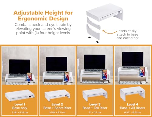 Bostitch Konnect Adjustable Monitor Riser with Drawer & Cell Phone Holder, Laptop Stand for Desk, 4 Height Levels, Cable Management & Rubber Feet - color: White, style: Deluxe Laptop Stand