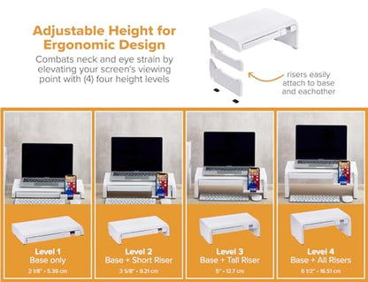 Bostitch Konnect Adjustable Monitor Riser with Drawer & Cell Phone Holder, Laptop Stand for Desk, 4 Height Levels, Cable Management & Rubber Feet - color: White, style: Deluxe Laptop Stand