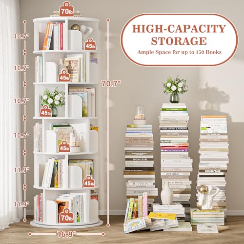 Aheaplus 5 Tier Wood Rotating Bookshelf, 360° Spinning Book Shelf Tower - color: White, size: 6-Tier