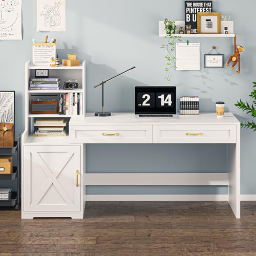 60" White Computer Desk with Drawers & Bookshelves for Bedroom, Home Office - color: White
