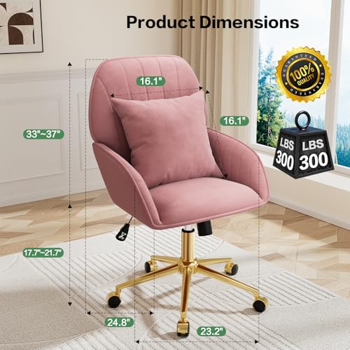 Home Office Desk Chair Comfy with Adjustable Swivel Wheels, Modern Velvet Makeup Vanity Chair with Back & Pillow, Ergonomic Office Chair Computer Task Chair for Living Room, Bedroom, Rose Pink - color: Rose Pink