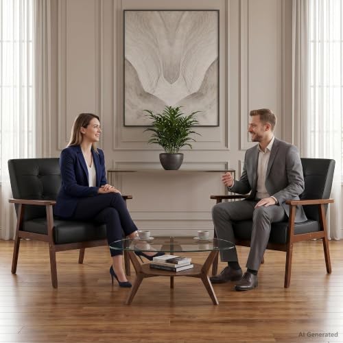 Black Faux Leather Chairs Set of 2 with Solid Wood Frame for Living Room | AODAILIHB Upholstered Lounge Modern Office Couch, with Thick Cushion, Single Sofa for Waiting Room/Dorm/Bedroom/Lobby - size: 2 chair