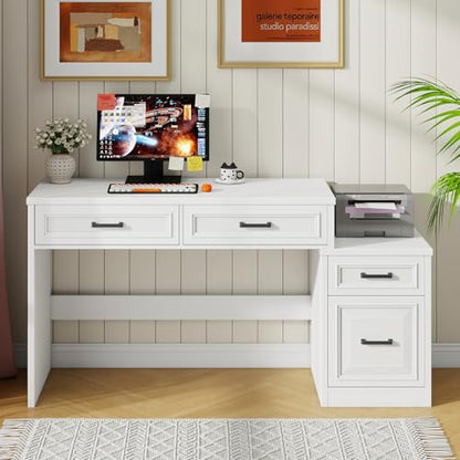 Vabches 61" Farmhouse Computer Desk with Storage and File Drawer, White | Executive Desks with Printer Stand, Rustic Large Home Writing Desk for Home Office - color: White