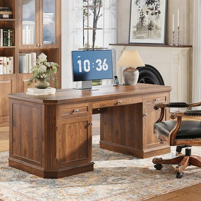 59" Classic Executive Desk with Storage, Victorian Executive Desk with Charging Station, Keyboard Tray, 3 Drawers & 2 Cabinet Storage & 2 Pedestals, Easy Assembly, Dark Walnut - color: Dark Walnut