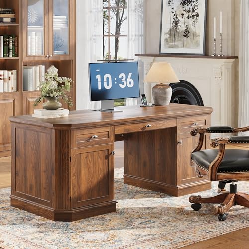 59" Classic Executive Desk with Storage, Victorian Executive Desk with Charging Station, Keyboard Tray, 3 Drawers & 2 Cabinet Storage & 2 Pedestals, Easy Assembly, Dark Walnut - color: Dark Walnut