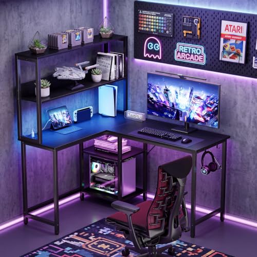 OLIXIS L Shaped Desk, Gaming Desk, LED Lights, 43 Inch | Power Outlets, Reversible Corner Home Office Table, Adjustable Shelf CPU Stand, Black - size: 43.3 IN