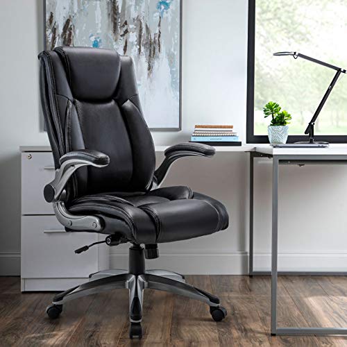 MALOL Office Desk Chair, Ergonomic Computer Chair with Padded Flip-Up Arms and Thick Cushion, Leather Office Chair with High Back Adjustable Height and Tilt for Working for Working, Study, Gaming,2PC - color: 287-black, size: set of 2