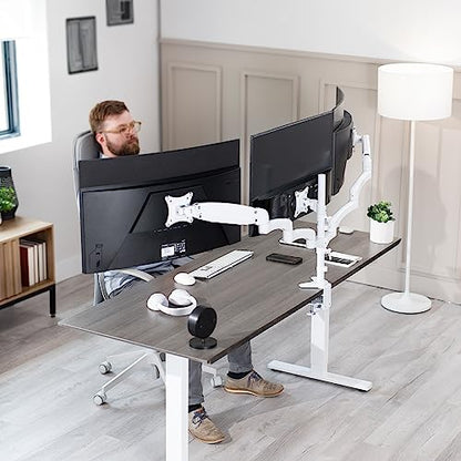 VIVO 17 to 32 inch Triple Pneumatic Monitor Mount, 2 Pneumatic Arms, 1 Fixed, Adjustable Swivel, Rotation, Heavy Duty VESA Desk Stand with C-clamp, Max VESA 100x100, White, STAND-V300GW - color: White, size: Triple Mount