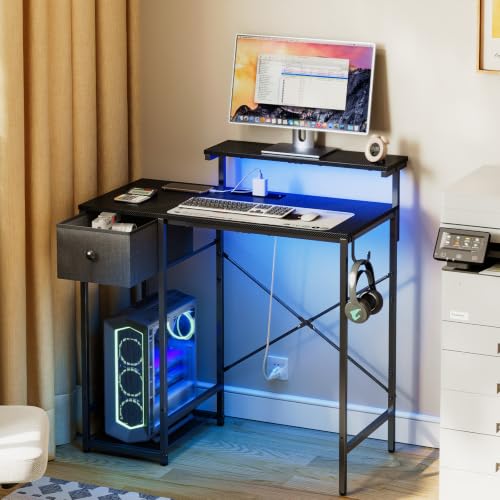 X-cosrack 33.5" Small Gaming Desk with LED Lights & Power Outlets, Drawers - color: Carbon Fiber Black, size: 33.5" with Monitor Stand